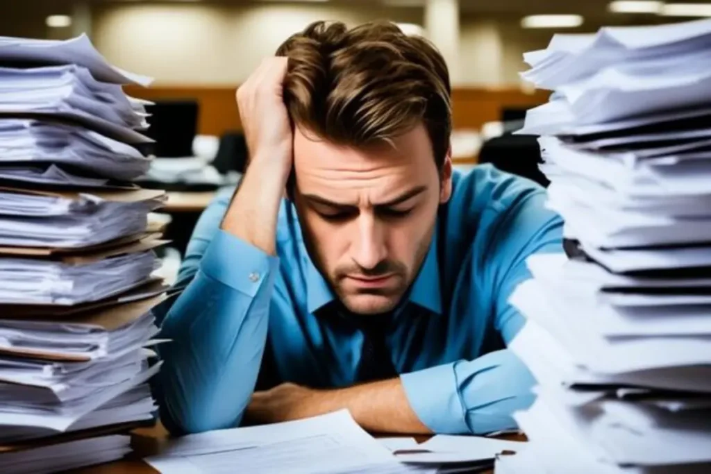 Homem sobrecarregado no ambiente de trabalho