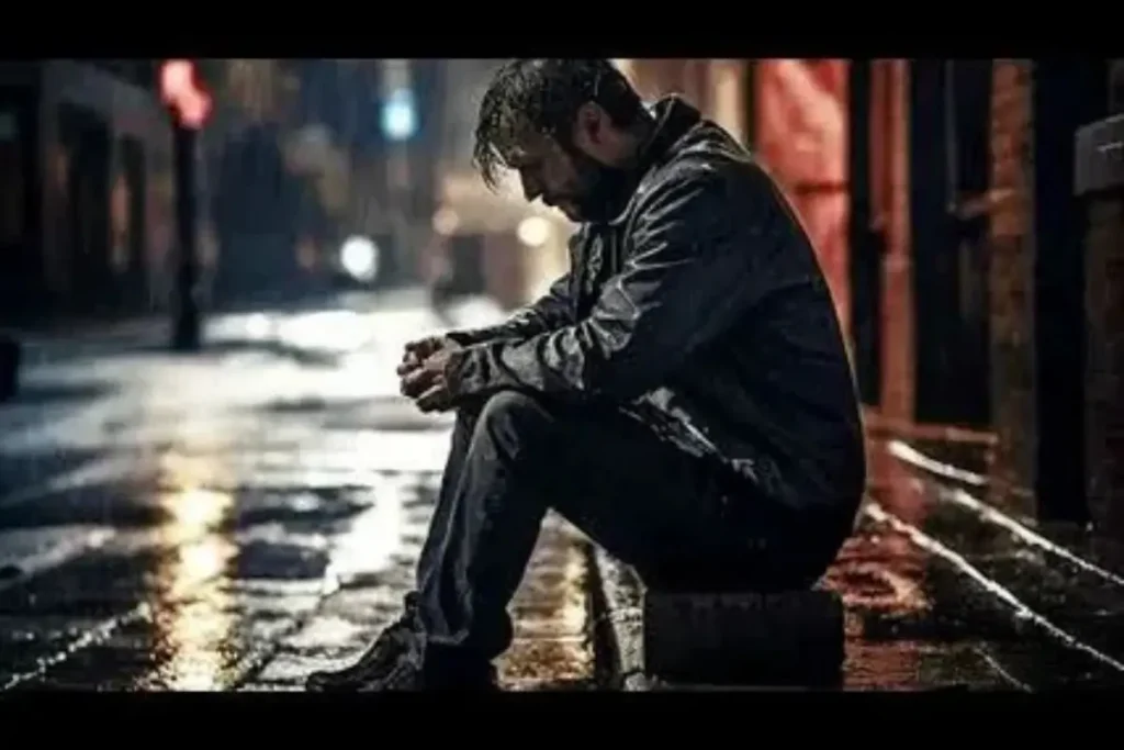 Homem sozinho sentado na sarjeta tomando chuva
